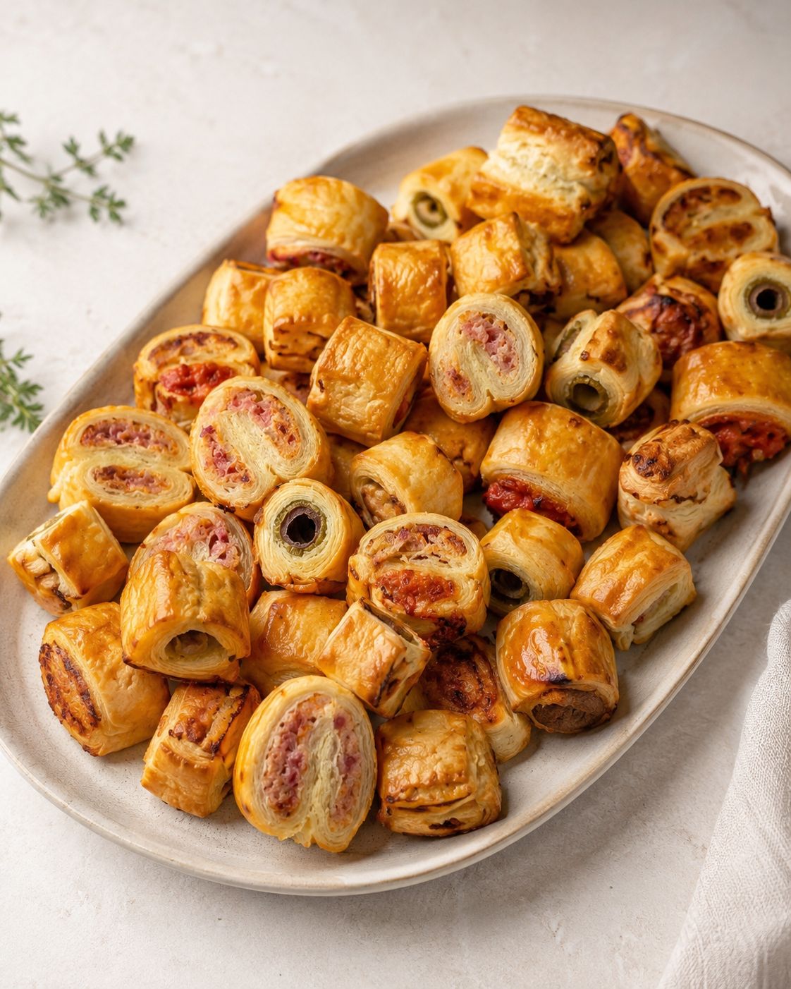 Assortiment de feuilletés apéritifs : Olive - Saucisse - Anchois - Tomate/emmental- Jambon/gruyère